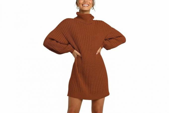 Amazon ANRABESS Robe pull surdimensionnée pour femme, col roulé, manches chauve-souris, décontractée, courte, automne-hiver 2023