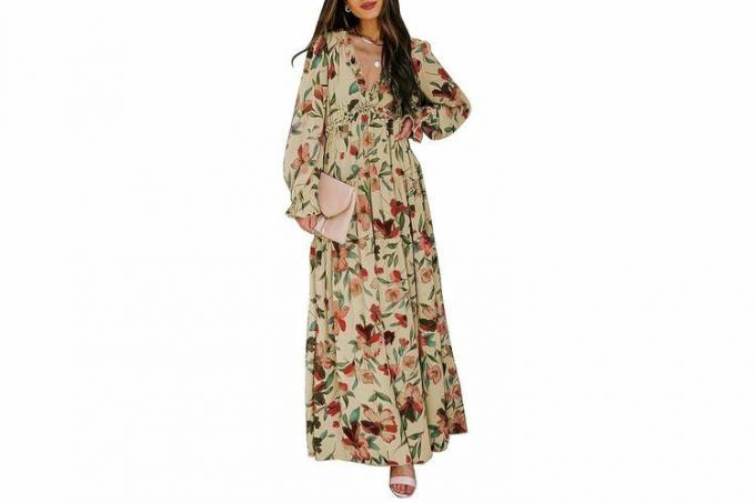 Amazon BLENCOT Robe de soirée longue décontractée à motif floral pour femme - Col en V profond - Manches longues - Robe de cocktail - Maxi robe de mariée